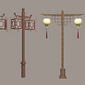 Traditional Chinese Outdoor Furniture Wooden Lamp Posts With Hanging Lanterns And Red Tassels