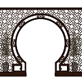 Chinese Style Wooden Archway With Lattice Design Decorative Patterns Flanked By Potted Plants