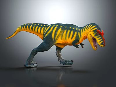 Realistic Tyrannosaurus Rex Dinosaur With Yellow Green Stripes And Red Eyes 3d model