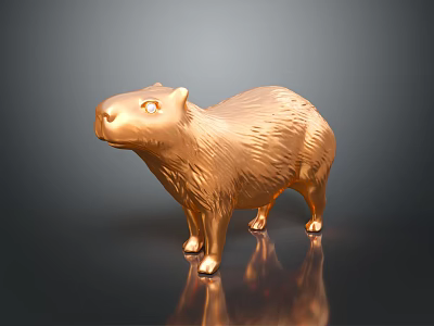 Shiny Golden Capybara Game Movie Character Statue With Metallic Texture And Dark Background Reflection 3d model