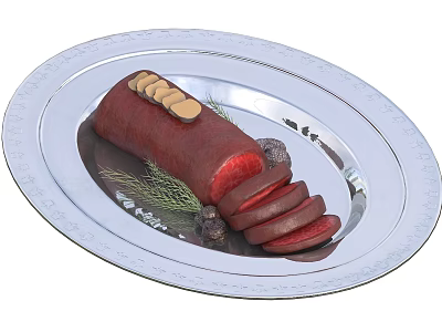 Sliced Meat Garnished on Silver Plate with Pine Branches Truffles and Yellow Nuts 3d model