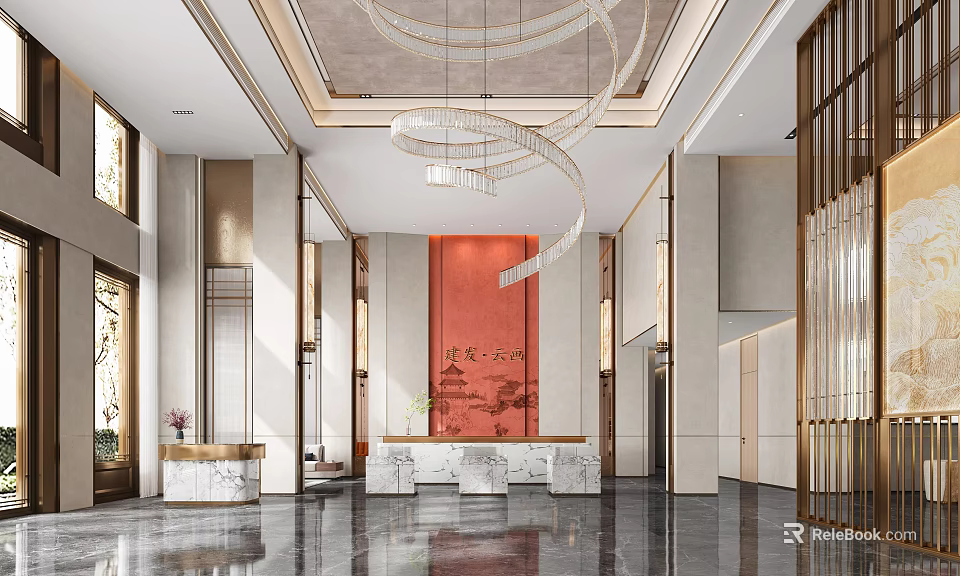 Modern Lobby Reception Area With Marble Desk Red Backdrop Wall And Hanging Chandelier 3d model
