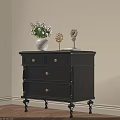 Classic Dark Grey Bedside Table with White Flower Vase Gold Ornaments and Drawers