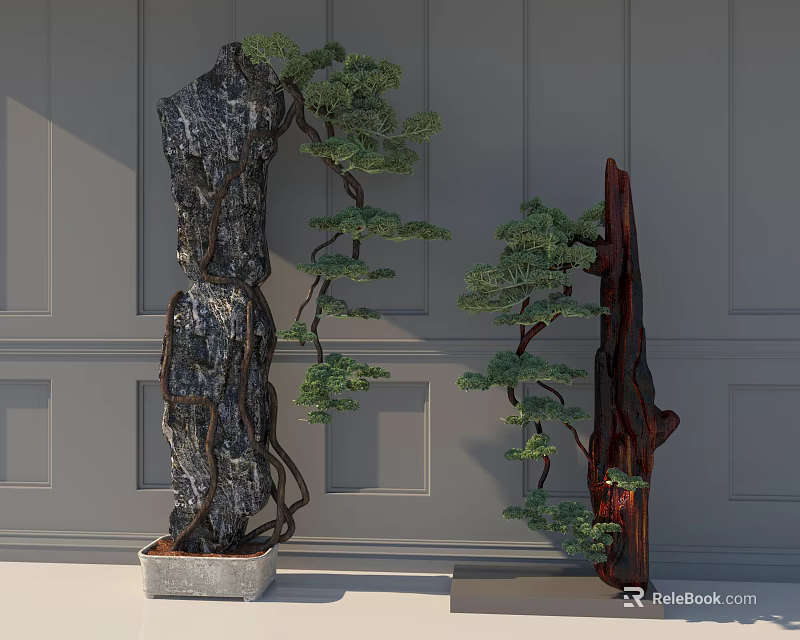 Artistic Bonsai Potted Plants with Black Rock and Red Wooden Base Against Gray Wall 3d model 