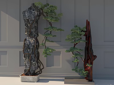 Artistic Bonsai Potted Plants with Black Rock and Red Wooden Base Against Gray Wall 3d model