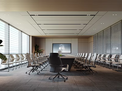 Modern Conference Room Interior With Long Meeting Table Large Screen Blinds And Comfortable Chairs 3d model