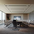 Modern Conference Room Interior With Long Meeting Table Large Screen Blinds And Comfortable Chairs
