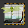 Cube Scene With Yellow Black Caution Stripes Green Dragonfly Red Centipede Blue Bed Medical Supplies