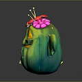 Cartoon Cactus Character With Green Body Waving Arm Yellow Face Features And Flower Decorated Head