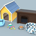 Colorful Dog Supplies Including Two Dog Houses Pet Beds Bowls And Toys