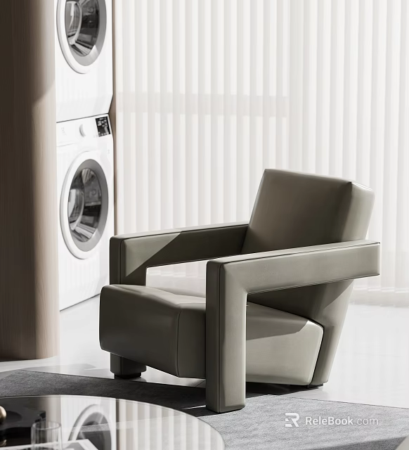 Gray Modern Lounge Chair with Upholstered Design and Armrests in Bright Interior with White Blinds 3d model 