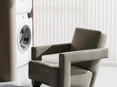 Gray Modern Lounge Chair with Upholstered Design and Armrests in Bright Interior with White Blinds 3d model