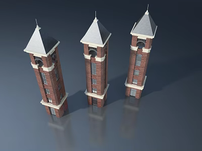 Three Red Brick Towers Featuring Traditional Side Hung Doors With Steeple Tops 3d model
