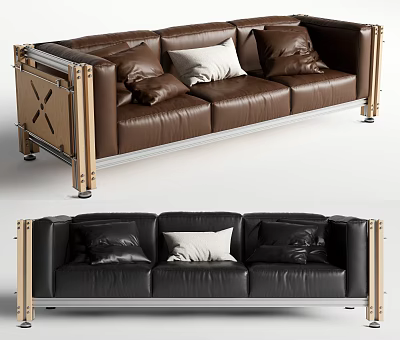 Modern Three Seater Leather Sofa with Brown Black Upholstery Cross Accent Frame and Cushions 3d model