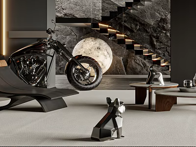 Modern Living Room Interior With Motorcycle Staircase And Art Decor 3d model