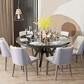 Modern Round Dining Table Set With Light Gray Chairs Yellow Flowers And Tableware 3d model