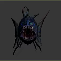 Mythical Armored Fish With Glowing Blue Eyes Sharp Teeth And Spiky Fins