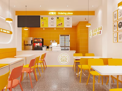 Bright Modern Milk Tea Shop Interior Design With Cozy Tables Chairs Counter And Menu Board 3d model