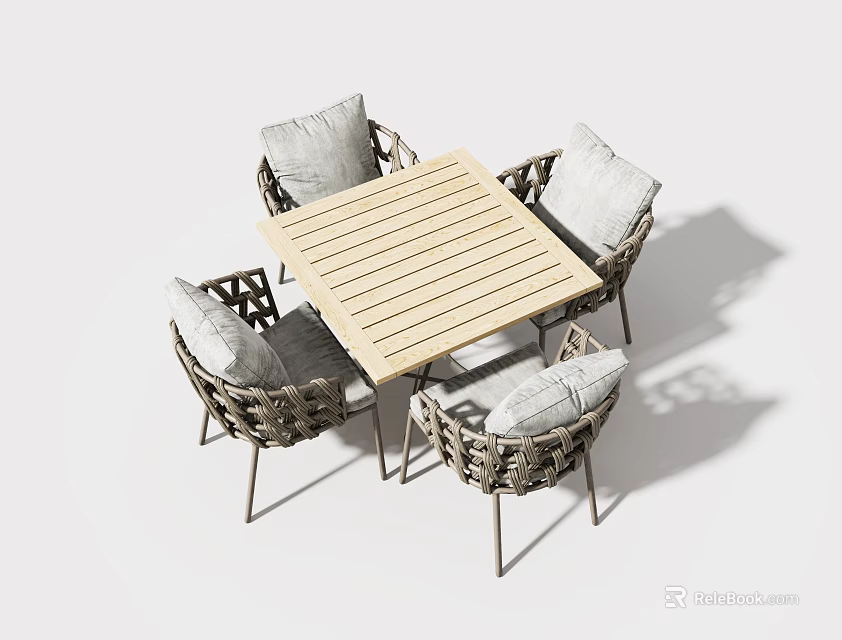 Outdoor Wicker Chairs With Gray Cushions Metal Frame And Wooden Table Set 3d model 