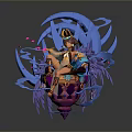 Woman Sitting On Ornate Throne With Blue Flowing Elements Decorative Outfit Headdress Purple Pink Accents