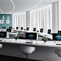 Bright Public Office Space With Multiple Computers White Chairs Natural Light From Windows And Plants