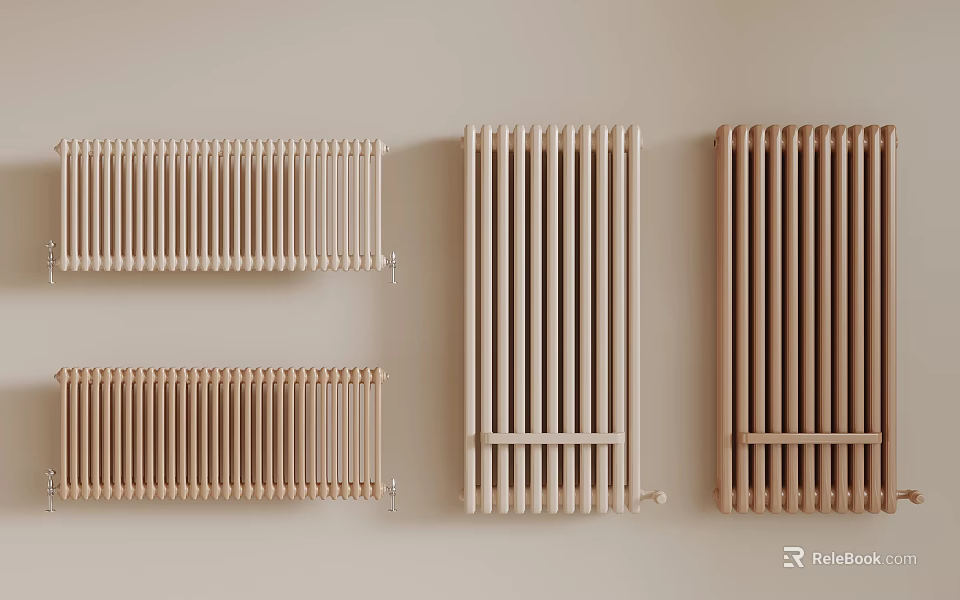 Different Styles Of Radiators On Beige Wall 3d model 