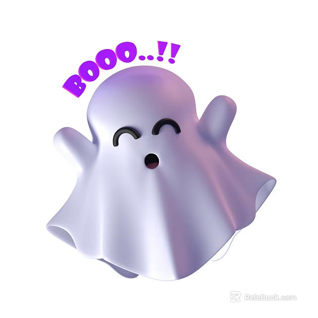 Cute Ghost Themed Decorative Ornament Set With Smiling Face And Purple BOO Text For Halloween 3d model 