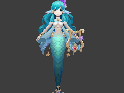 Fantasy Mermaid Character Design With Blue Hair Green Tail And Golden Harp Stars Red Gem 3d model