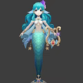Fantasy Mermaid Character Design With Blue Hair Green Tail And Golden Harp Stars Red Gem