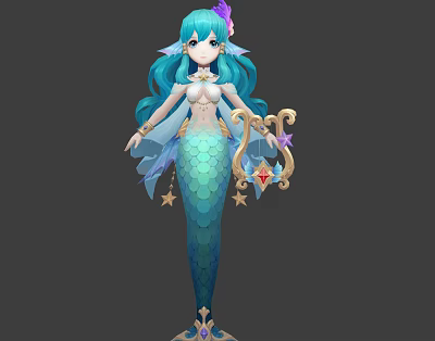 Fantasy Mermaid Character Design With Blue Hair Green Tail And Golden Harp Stars Red Gem 3d model