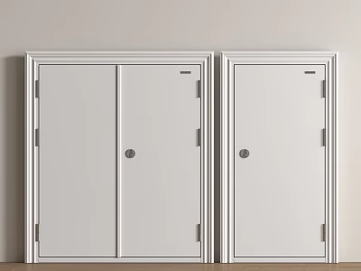 White Three Panel and Single Panel Doors with Metal Handles Keyholes Light Wall Wooden Floor 3d model