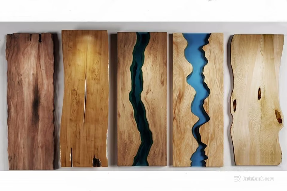 Stone and wood decorative panels with resin river patterns for wall art 3d model 