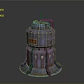 Rusted Industrial Metal Tower Structure With Pipes Grill Windows And Base Support