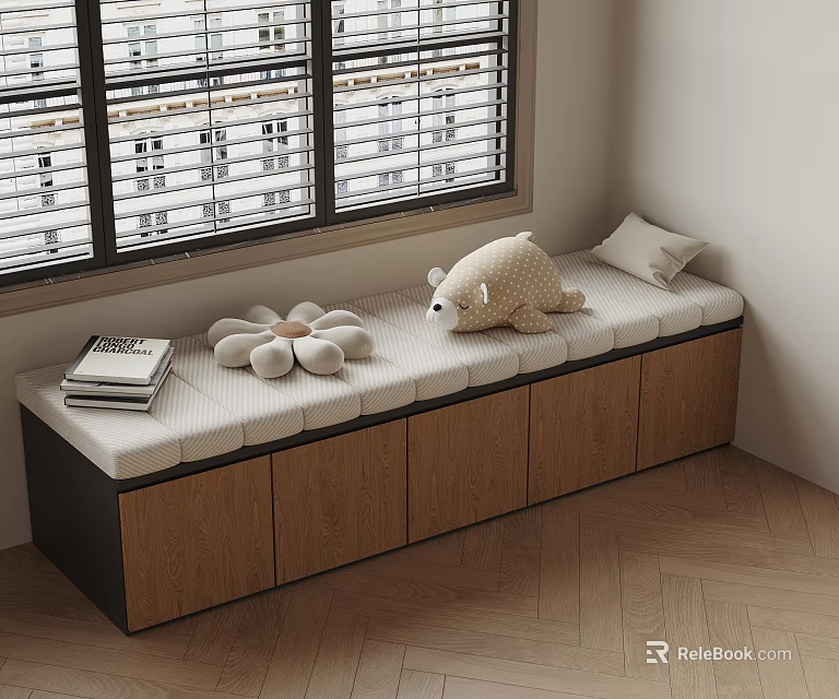 Cozy Window Bench With Storage Cabinets Stuffed Bear Books And Flower Decor 3d model