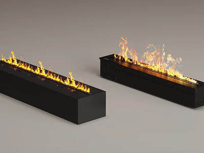 Sleek Modern Linear Black Fireplaces With Bright Burning Flames And Contemporary Design 3d model