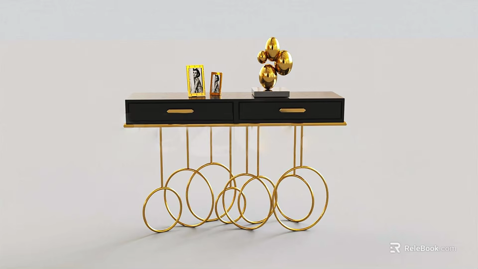 Modern Side Table With Black Tabletop Drawers And Gold Metal Circular Ring Frame 3d model