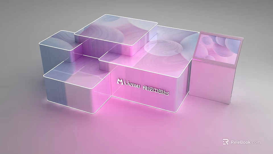 Modern Transparent Display Shelves With Pink Purple Gradient Cube Structure And Brand Logo 3d model 