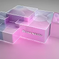 Modern Transparent Display Shelves With Pink Purple Gradient Cube Structure And Brand Logo