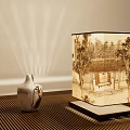 Traditional Chinese Style Table Lamp With Ink Painting Shade And Ceramic Vase On Wooden Table