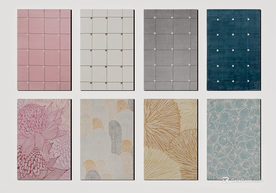 Colorful Square Rugs Featuring Various Patterns Like Checks Florals And Abstract Designs 3d model 