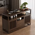 Chinese Style Wooden Entryway Cabinet Sideboard With Bonsai Tree Tea Set And Lattice Design