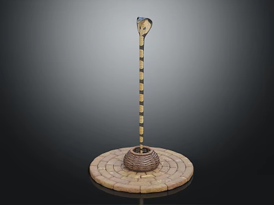 Snake Shaped Decorative Object With Black Background Brick Base Slender Striped Pole And Woven Basket 3d model