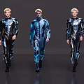 Three Men In Black Tight Fitting Suits With Blue Glowing Lines Standing Side By Side