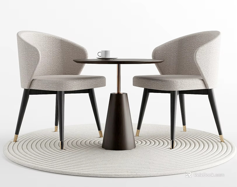 Modern Round Table and Gray Upholstered Chairs Set with Conical Base and Light Rug 3d model 