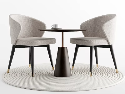 Modern Round Table and Gray Upholstered Chairs Set with Conical Base and Light Rug 3d model