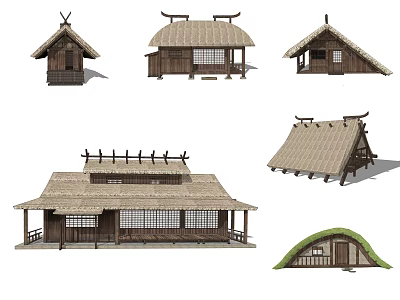 Traditional Style Wooden Houses With Thatch Roofs And Diverse Structural Designs 3d model
