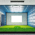 Indoor Golf Simulator Setup With Large Screen Green Turf And Golf Bag For Sports Fitness