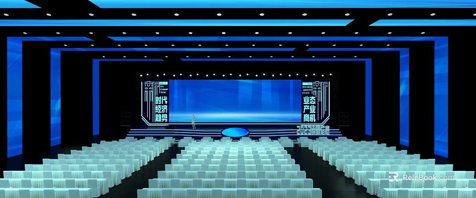 Modern Tech Conference Hall With Blue Background Screen And White Seats 3d model