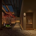 Japanese Style Teahouse Courtyard Night View With Wooden Structure Red Maple Tree And Stone Path
