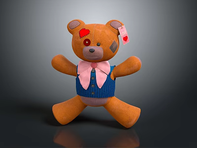 Brown Teddy Bear With Red Heart Red Eye Pink Bow Tie Blue Vest And Tag 3d model